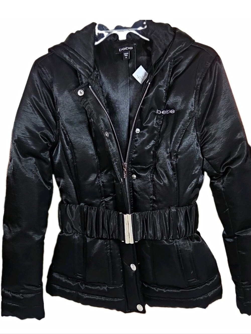 bebe Black Hooded Belted Puffer Coat